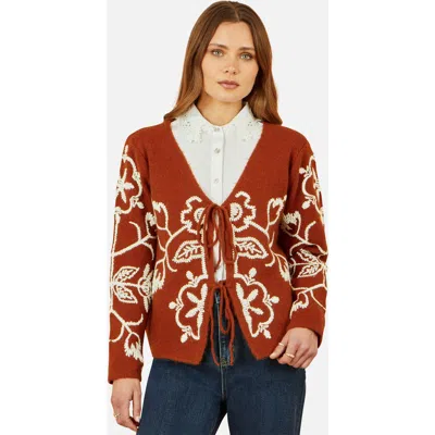 Yumi Folk Embroidered Tie Front Cardigan In Brown