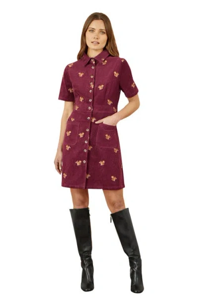Yumi Fox Embroidered Cord Shirt Dress In Burgundy