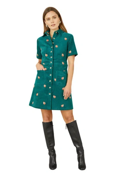 Yumi Fox Embroidered Cord Shirt Dress In Green