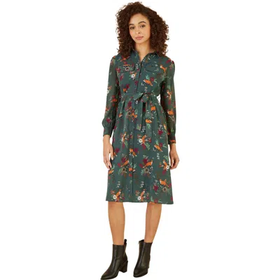 Yumi Fox Print Shirt Midi Dress In Green