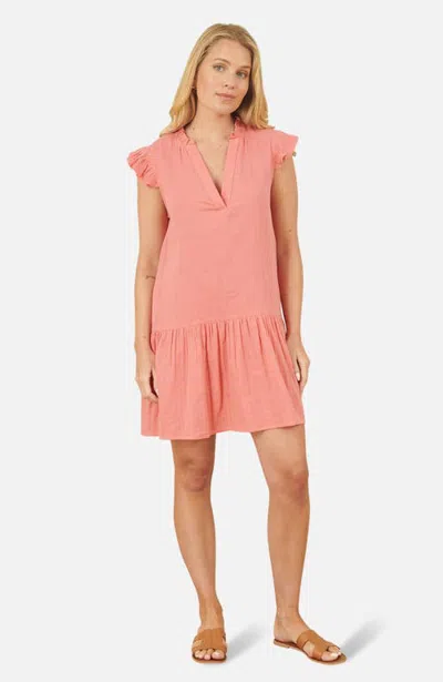 Yumi Frill Sleeve Double Cotton Tunic Dress In Pink
