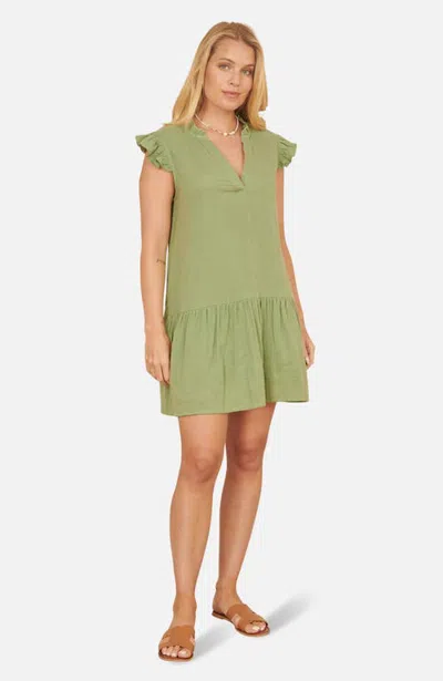 Yumi Frill Sleeve Double Cotton Tunic Dress In Green