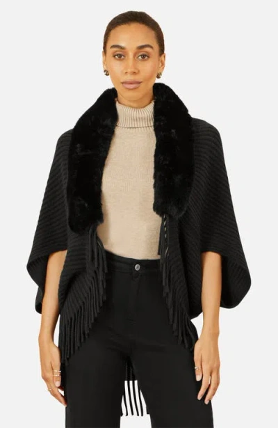 Yumi Fur Collar Shrug With Tassel Hem In Black