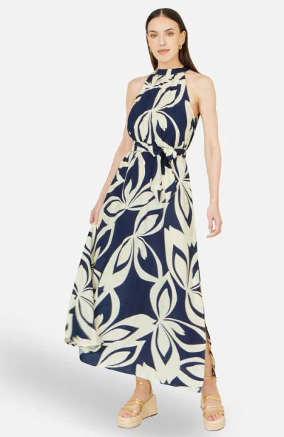 Yumi Geo Swirl Print Halter  Maxi Dress In Blue