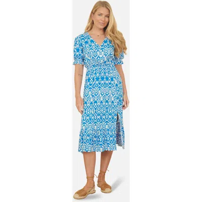 Yumi Geometric Print Puff Sleeve Midi Dress In Blue
