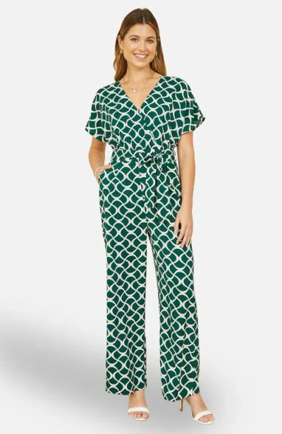 Yumi Geometric Print Wrap Jumpsuit In Green