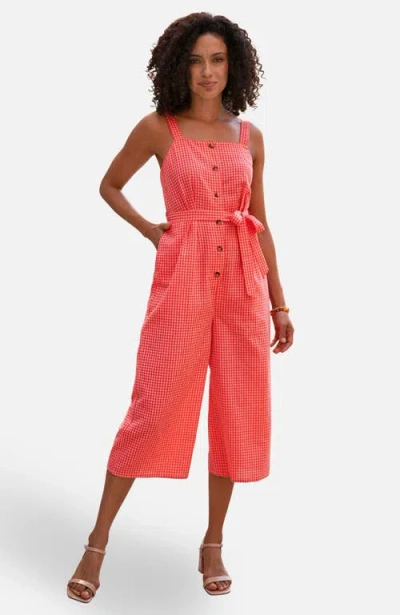 Yumi Gingham Button Through Jumpsuit In Red