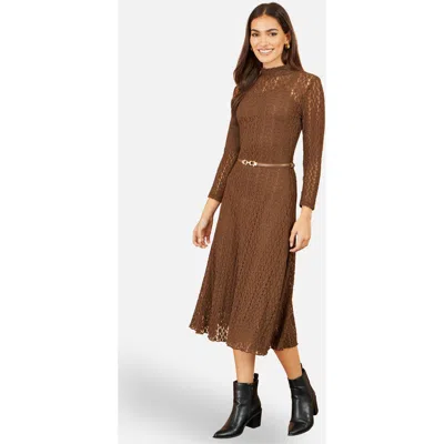 Yumi High Neck Lace Midi Dress In Brown