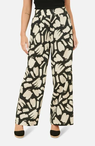 Yumi High Waisted Printed Wide Leg Trousers In Black