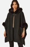 Yumi Hooded Fur Cape Jacket In Black