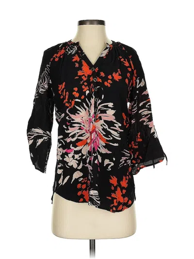 Pre-owned Yumi Kim 3/4 Sleeve Silk Top Black Floral Pattern Plunge Neckline Tops
