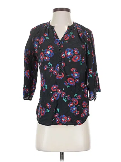Pre-owned Yumi Kim 3/4 Sleeve Silk Top Black Floral Pattern Plunge Neckline Tops