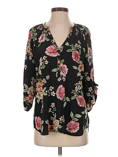 Pre-owned Yumi Kim 3/4 Sleeve Silk Top Black Floral Pattern Plunge Neckline Tops