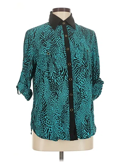 Pre-owned Yumi Kim 3/4 Sleeve Silk Top Teal Animal Print Pattern Collared Neckline Tops In Blue