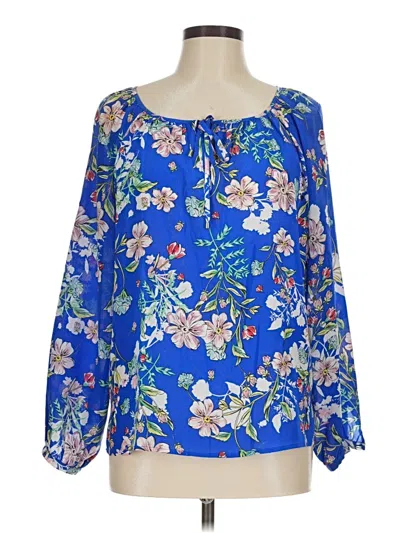 Pre-owned Yumi Kim Long Sleeve Silk Top Blue Floral Pattern Boatneck Tops