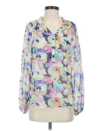 Pre-owned Yumi Kim Long Sleeve Silk Top Blue Floral Pattern Plunge Neckline Tops