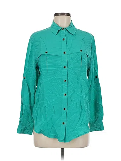 Pre-owned Yumi Kim Long Sleeve Silk Top Teal Collared Neckline Tops In Blue