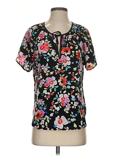 Pre-owned Yumi Kim Short Sleeve Silk Top Black Floral Pattern Keyhole Neckline Tops