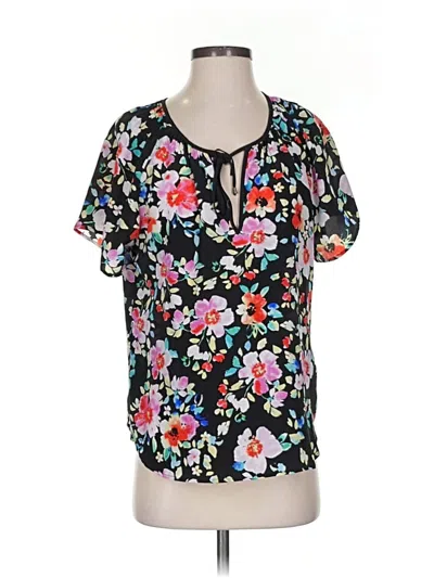 Pre-owned Yumi Kim Short Sleeve Silk Top Black Keyhole Neckline Tops