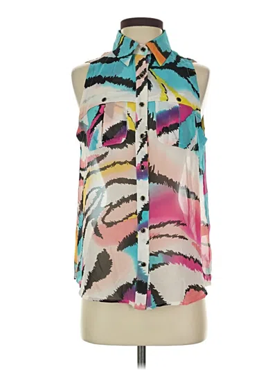 Pre-owned Yumi Kim Sleeveless Silk Top Blue Color Block Pattern Halter Neckline Tops