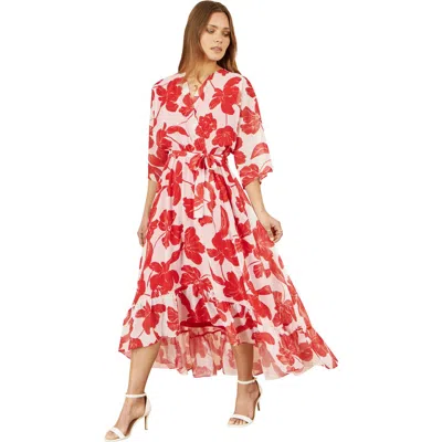 Yumi Kimono Sleeves Dip Hem Wrap Midi Dress In Red