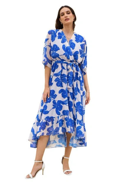 Yumi Kimono Sleeves Midi Dip Hem Wrap Dress In Blue