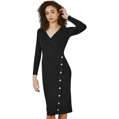 Yumi Knitted Button Detailed Midi Dress In Black