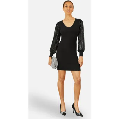 Yumi Knitted Fitted Dress With Sequin Sleeves In Black