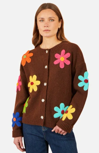Yumi Knitted Flower Applique Cardigan In Purple