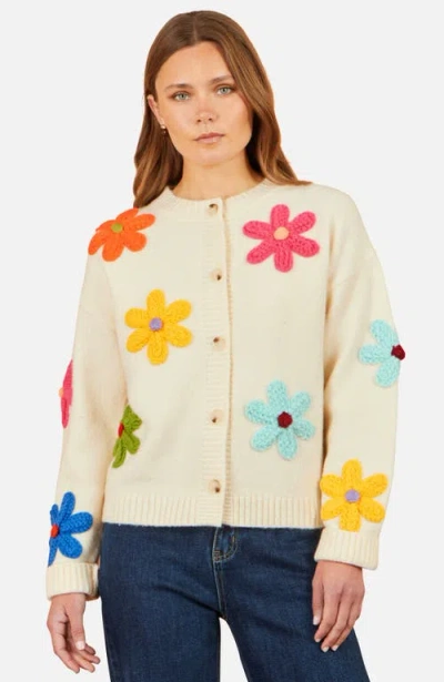 Yumi Knitted Flower Applique Cardigan In White