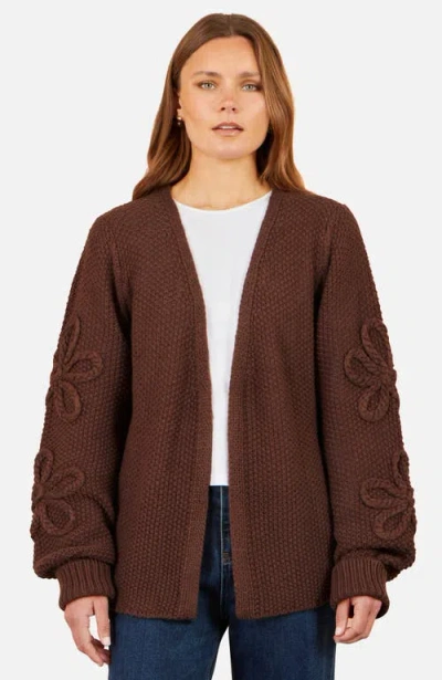Yumi Knitted Flower Detail Sleeve Cardigan In Brown