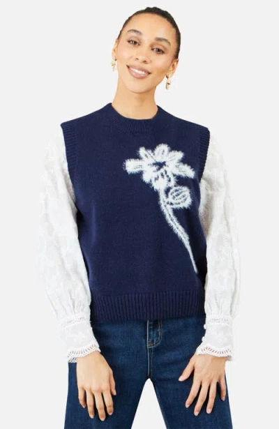 Yumi Knitted Flower Sleeveless Jumper Vest In Navy