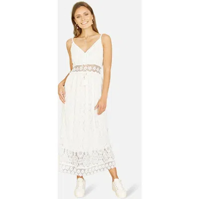 Yumi Lace Embroidered Tassel Tie Midi Dress In White