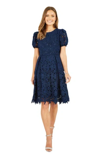 Yumi Lace Skater Dress With Puff Sleeves In Blue