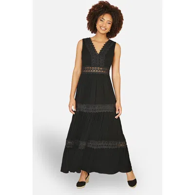 Yumi Lace Trim Cotton Maxi Sun Dress In Black