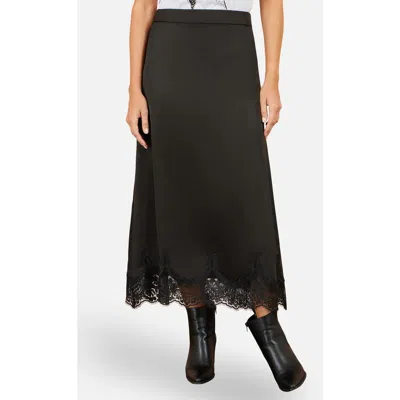 Yumi Lace Trim Satin Midi Skirt In Black