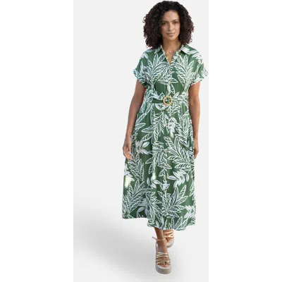 Yumi Leaf Print Midi Shirt Dress In Green