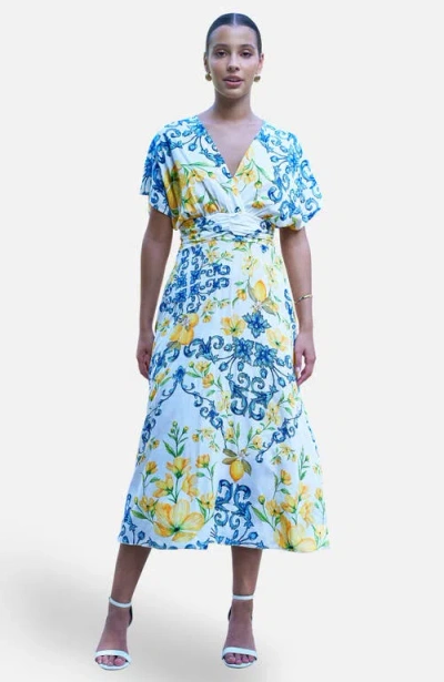 Yumi Lemon Print Midi Dress In Blue
