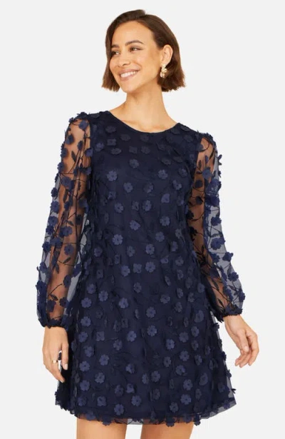 Yumi Long Sleeve Floral Applique Tunic Dress In Blue