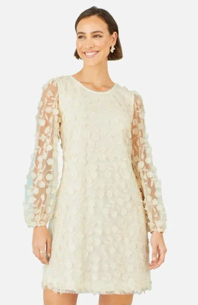Yumi Long Sleeve Floral Applique Tunic Dress In Neutral