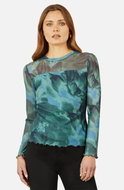 Yumi Long Sleeve Floral Mesh Top In Multi