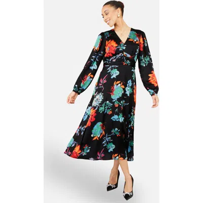 Yumi Long Sleeve Floral Midi Dress In Black