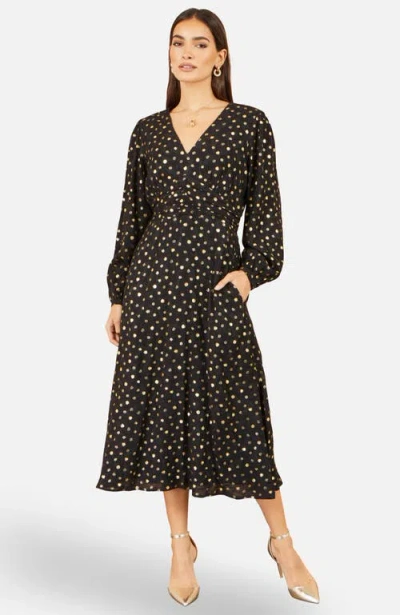 Yumi Long Sleeve Foil Print Midi Dress In Black