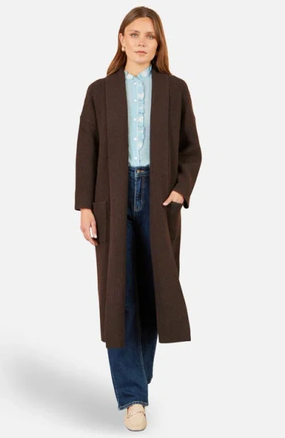 Yumi Long Sleeve Knitted Maxi Cardigan In Brown