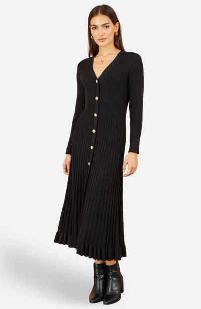 Yumi Long Sleeve Ribbed Midi Knit Dress In Black