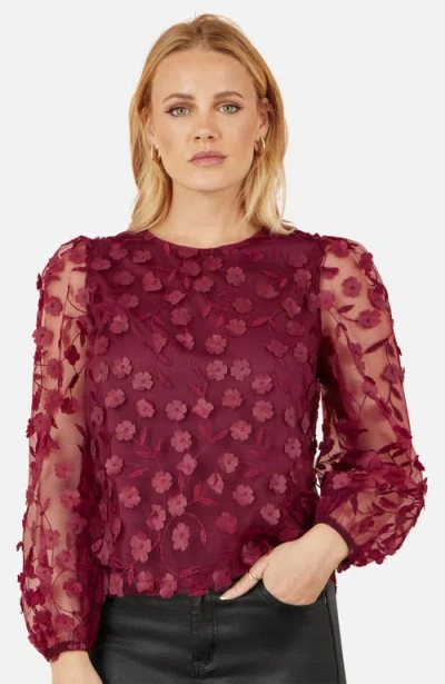 Yumi Long Sleeve Sheer Floral Top In Red
