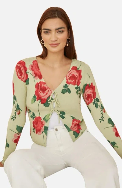 Yumi Long Sleeve V-neck Tie Front Cardigan In Green