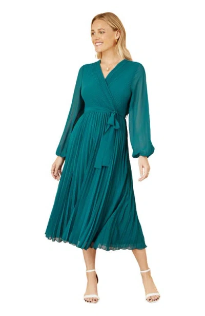 Yumi Long Sleeved Pleated Midi Wrap Dress In Blue