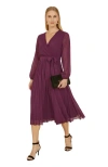 Yumi Long Sleeved Pleated Midi Wrap Dress In Purple