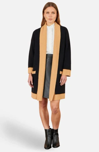 Yumi Longline Ribbed Border Open Cardigan In Black